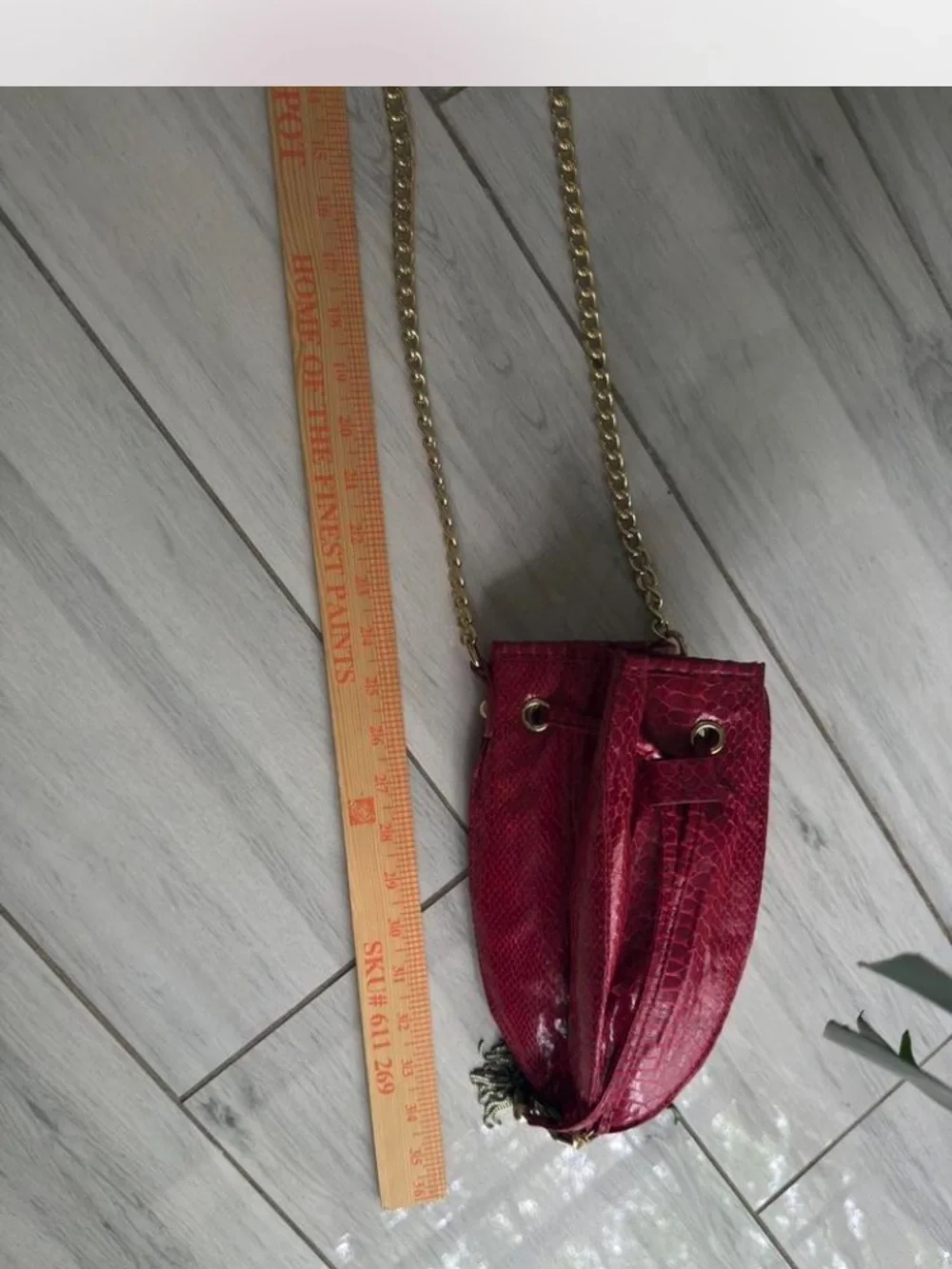 Cache Red Textured Drawstring Mini Bag with Gold Chain - Picture 3 of 8